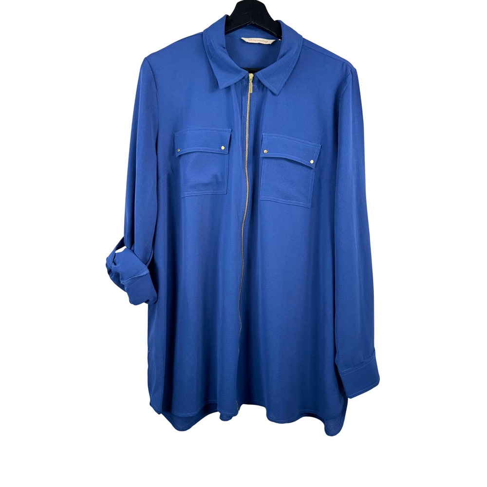 Soft Surroundings Zip Front Blouse sz XL‎ Blue Utility Tunic Roll Tab Sleeve